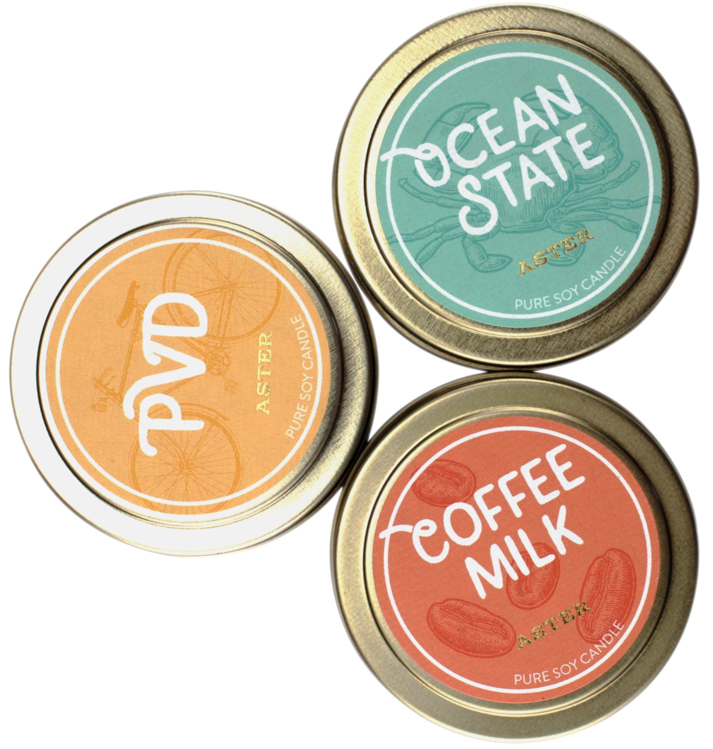 Aster Candle: Love from Rhode Island Collection pure soy candles are scented with essential oils. $12 each.